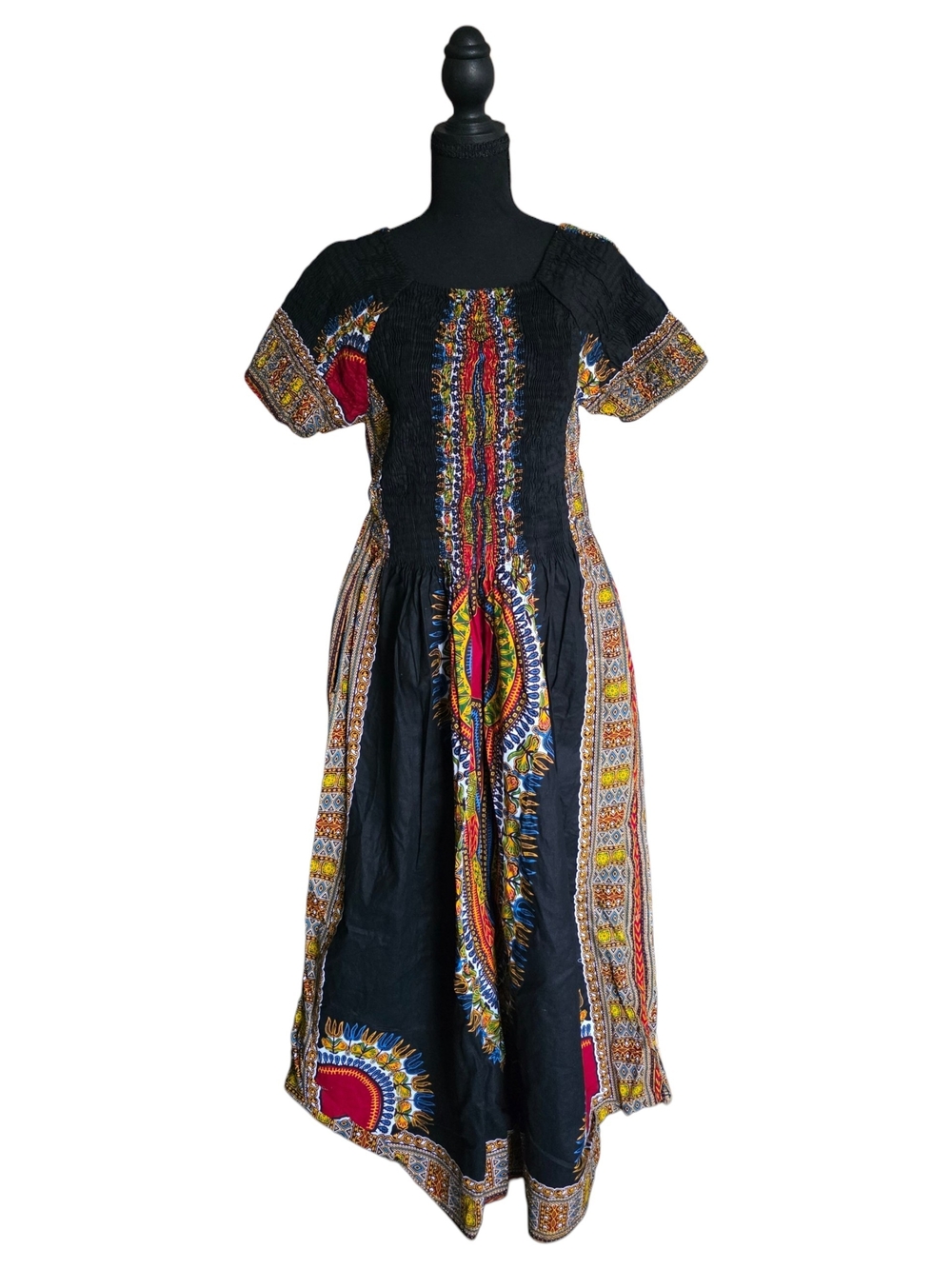 Black Multicolor Dashiki-Style Maxi Dress with Smocked Bodice